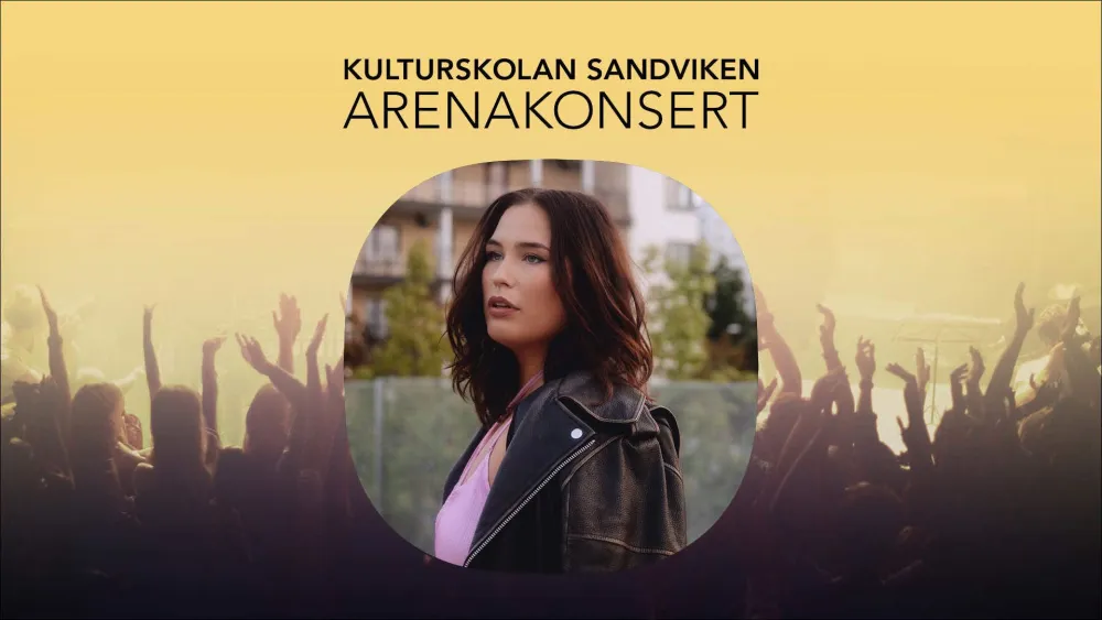 Gul bakgrund med suddig publik med armar som sträcks upp och med en bild på Molly Hammar i en cirkel, texten Kulturskolan Sandviken Arenakonsert står över bilden på Molly