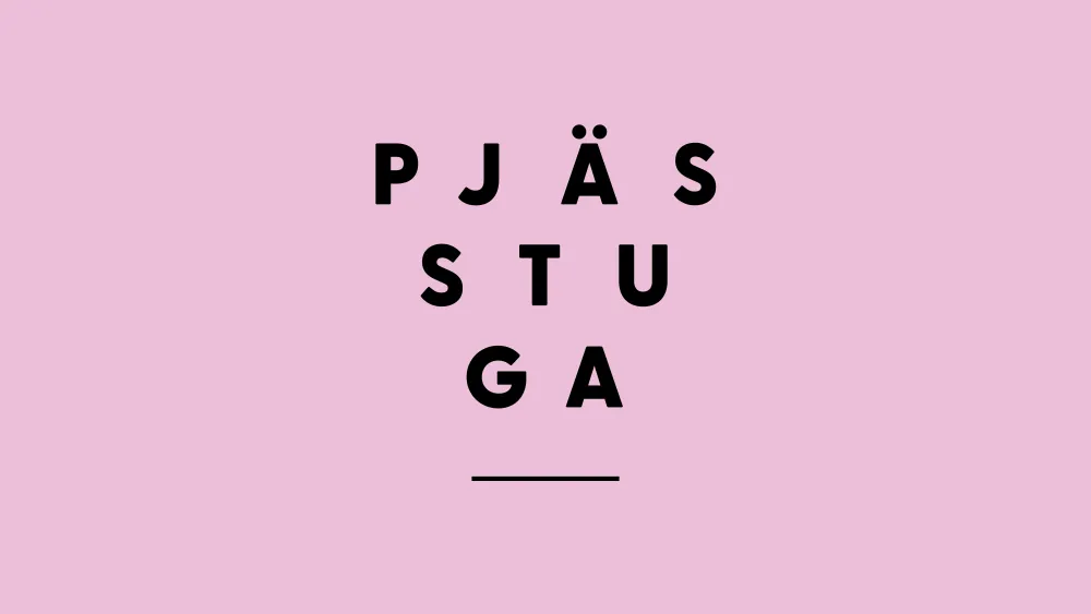 En rosa bakgrund med en svart text i mitten av bilden som det står "Pjässtuga".