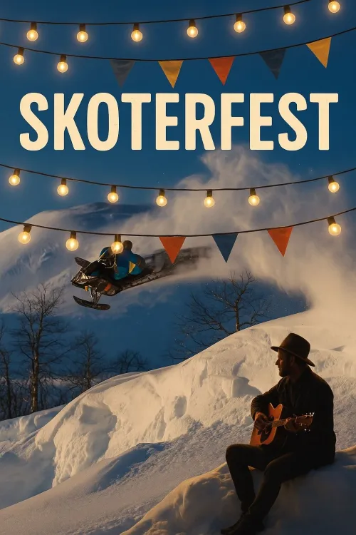 AI-genererad bild med en trubadus som sitter i snön och en skoterkörandes i snön i bakgrunden