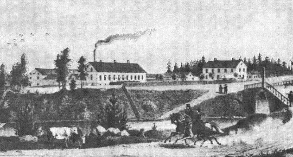 Illustration över Gustavsbro 1864. Till vänster syns Gustavsbro Bryggeri och till höger Västra fabriken.