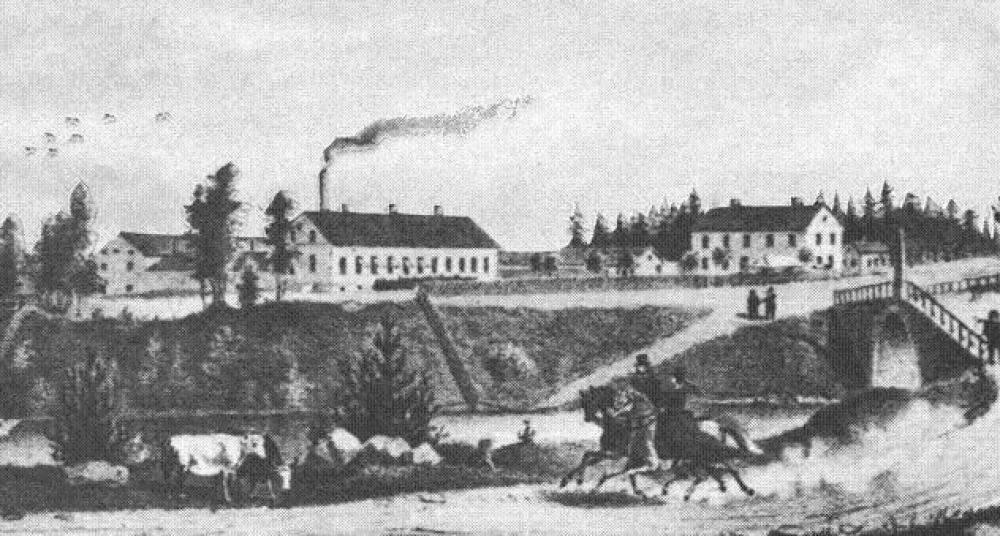 Illustration över Gustavsbro 1864. Till vänster syns Gustavsbro Bryggeri och till höger Västra fabriken.