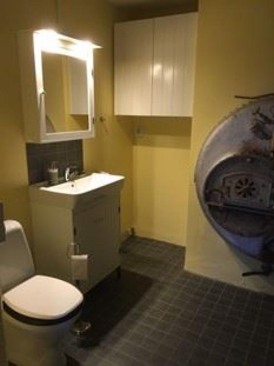 Badrum med toalett och duschkabin