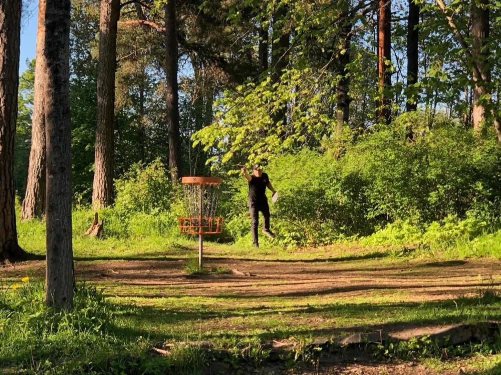 Man som spelar discgolf.